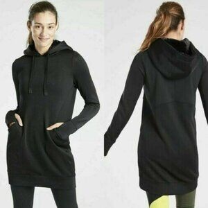 Athleta Triumph Luxe Shine Hoodie Dress Black TALL MEDIUM Faux Fur Hood